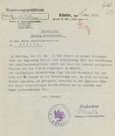 Pismo poufne prezydenta rejencji koszalińskiej do nadburmistrza Koszalina z 9.05.1933 r. wraz z załącznikiem