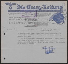 Pismo Grenz-Zeitung Verlagsleitung do Oberb&uuml;rgermeister als &ouml;rtlicher Luftschutzleiter Stolp i.Pom. 3.06.1942