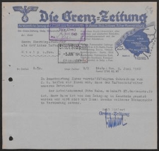 Pismo Grenz-Zeitung Verlagsleitung do Oberbürgermeister als örtlicher Luftschutzleiter Stolp i.Pom. 3.06.1942