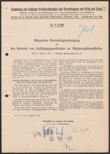 Allgemeine Vertriebsgenehmigung f&uuml;r den Vertrieb von Luftschutzgegenst&auml;nden an Wehrmachtdiensstellen. 16.02.1940