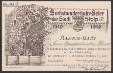 Ausweis-Karte/karta wstępu dla dyrektora Rzeźni Miejskiej J.Wernera na uroczystość odsłonięcia Pomnika cesarza Wilhelma na Placu von Stephana 5.IX.1910 roku (poniedziałek)