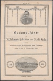 Gedenk-Blank zur Sechshundertjahrfeier de Stadt Stolp sowie ausführliches Programm der Festtage vom 4. bis 6. September 1910