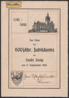 Pamiątkowa karta z programem uroczystości na jubileusz 600-lecia miasta Słupska od 4 do 6.IX.1910 roku