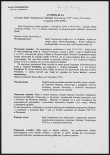 Informacja n/t pracy Rady Programowej Oddziału Terenowego TVP-SA w Szczecinie w okresie 1995-1998 r.