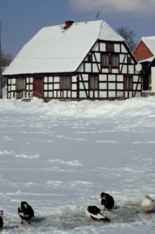 Budynek mieszkalny w Bruskowie Wielkim zimą (1)