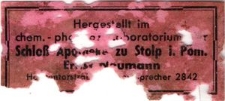 Hergestellt im chem. photo... Laboratorium Schloß Apotheke zu Stolp i Pom. Ernst Neumann