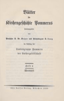 Blätter für Kirchengeschichte Pommerns Heft 6