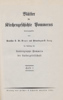 Bl&auml;tter f&uuml;r Kirchengeschichte Pommerns Heft 7