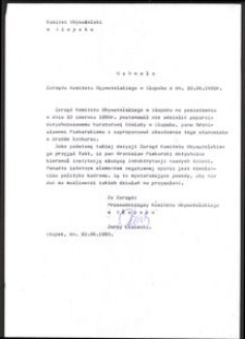 Uchwała Zarządu Komitetu Obywatelskiego w Słupsku z dn. 20.06.1990 r.