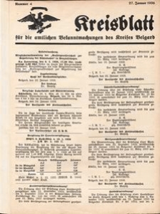 Kreisblatt f&uuml;r die amtlichen Bekanntmachungen des Kreises Belgard 1936 Nr 4