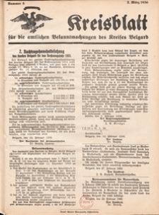 Kreisblatt f&uuml;r die amtlichen Bekanntmachungen des Kreises Belgard 1936 Nr 8