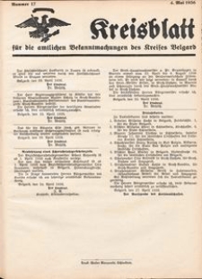 Kreisblatt f&uuml;r die amtlichen Bekanntmachungen des Kreises Belgard 1936 Nr 17