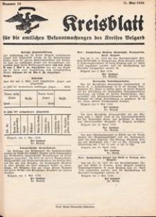 Kreisblatt f&uuml;r die amtlichen Bekanntmachungen des Kreises Belgard 1936 Nr 18