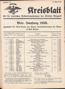 Kreisblatt f&uuml;r die amtlichen Bekanntmachungen des Kreises Belgard 1936 Nr 19