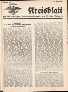 Kreisblatt f&uuml;r die amtlichen Bekanntmachungen des Kreises Belgard 1936 Nr 20