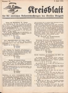 Kreisblatt f&uuml;r die amtlichen Bekanntmachungen des Kreises Belgard 1936 Nr 22