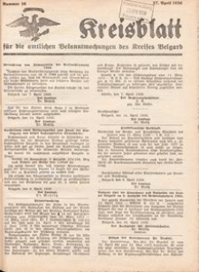Kreisblatt f&uuml;r die amtlichen Bekanntmachungen des Kreises Belgard 1936 Nr 16