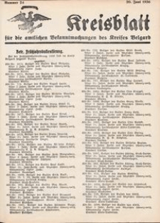 Kreisblatt f&uuml;r die amtlichen Bekanntmachungen des Kreises Belgard 1936 Nr 24