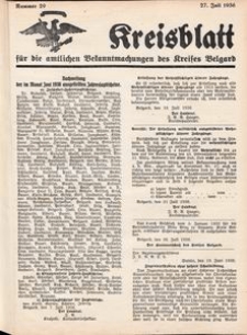 Kreisblatt f&uuml;r die amtlichen Bekanntmachungen des Kreises Belgard 1936 Nr 29