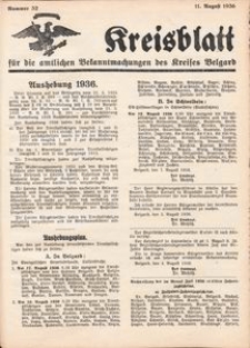 Kreisblatt f&uuml;r die amtlichen Bekanntmachungen des Kreises Belgard 1936 Nr 32