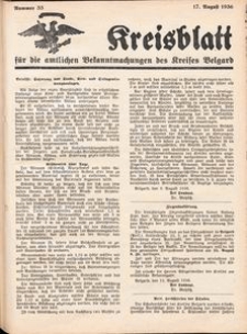 Kreisblatt f&uuml;r die amtlichen Bekanntmachungen des Kreises Belgard 1936 Nr 33