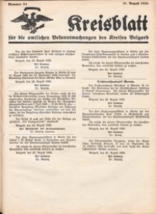 Kreisblatt f&uuml;r die amtlichen Bekanntmachungen des Kreises Belgard 1936 Nr 34
