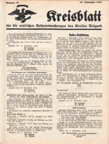 Kreisblatt f&uuml;r die amtlichen Bekanntmachungen des Kreises Belgard 1936 Nr 38