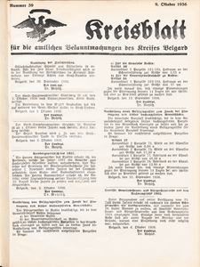 Kreisblatt f&uuml;r die amtlichen Bekanntmachungen des Kreises Belgard 1936 Nr 39