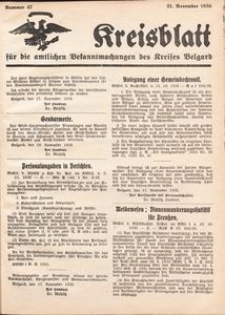 Kreisblatt f&uuml;r die amtlichen Bekanntmachungen des Kreises Belgard 1936 Nr 47