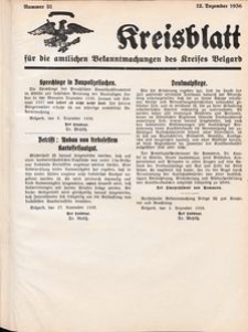 Kreisblatt f&uuml;r die amtlichen Bekanntmachungen des Kreises Belgard 1936 Nr 51