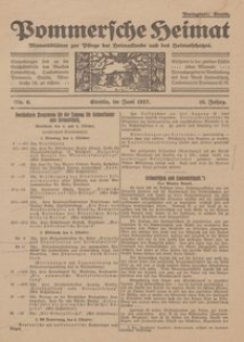 Pommersche Heimat. Monatsbl&auml;tter zur Pflege der Heimatkunde und des Heimatschutzes Nr. 6/1927