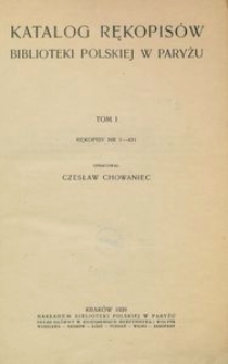 Katalog rękopis&oacute;w Biblioteki Polskiej w Paryżu