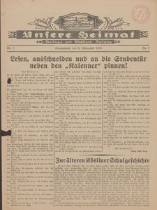 Unsere Heimat. Beilage zur Kösliner Zeitung Nr. 7/1929
