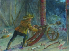 J&oacute;wa zrzuca szwedzką armatę z wieży kościoła w Pucku