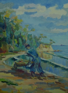 Remus z taczką nad brzegiem morza