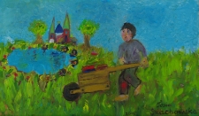 Wędrujący Remus z taczką i książkami