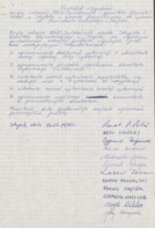 Protokół uzgodnień grupy roboczej NSZZ Solidarność i Komiotetu Obywatelskiego w Słupsku w sprawie przygotowania do wyborów do Samorządu Lokalnego w Słupsku