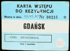 Karta Wstępu do Rezydencji ważna w dniu 12.VI.87, Nr 00215, Gdańsk, Anna Skowrońska