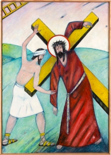 Droga krzyżowa. Stacja V. Szymon Cyrenejczyk pomaga nieść krzyż Jezusowi