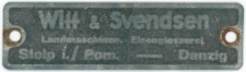 Tabliczka znamionowa z maszyny wyprodukowanej w fabryce Witt & Svendsen G. m. b. H.