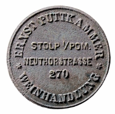Żeton zastawny ze sklepu kolonialnego, Ernst Puttkammer, Weinhandlung, Stolp i/Pom.