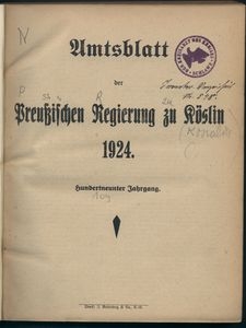Amtsblatt der Preu&beta;ischen Regierung zu K&ouml;slin 1924