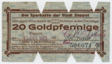 Die Sparkasse der Stadt Zoppot - Gutschein 20 goldpfennige, nr 506671