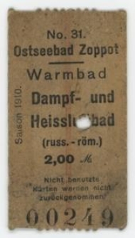 Bilet do zakładu kąpielowego, nr 00249 z napisem &bdquo;Warmbad. Damp - und Heissluftbad&rdquo;