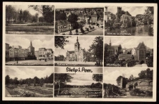 Stolp: plac i pomnik Bismarcka, Nowa Brama i okolice - widok z lotu ptaka, rzeka z dawnym kościołem św. Mikołaja, rynek i kości&oacute;ł Mariacki, ratusz z wyretuszowanym pomnikiem cesarza, Brama Młyńska i okolice, ogr&oacute;d r&oacute;żany, błonie Neumanna, ogr&oacute;d zamkowy