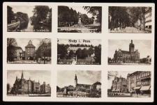 Stolp: widok na rzekę z mostu spacerowego, plac i pomnik Bismarcka, ulica Hitlera, Nowa Brama, restauracja Leśny Kocur, ratusz z pomnikiem cesarza, brama kolejowa, kości&oacute;ł zamkowy i mury, obwodnica