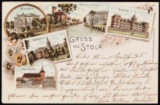 Stolp: gimnazjum, rzeka z dawnym kościołem św. Mikołaj i urzędem, koszary, kości&oacute;ł św. Piotra, kości&oacute;ł Mariacki