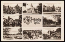 Stolp: Mill Gate and surroundings, town hall with a retouched statue of the Emperor, market square and Marienkirche, view from the Laufbr&uuml;cke to the river, coat of arms and name of the town, Bismarck square and statue, Neumann square, bird's eye view of the New Gate and surroundings, castle garden and walls