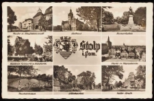 Stolp: New Gate and Kaufmannswall, Town Halwith a retouched statue of the Kaiser, Bismarck Square and Monument, Hammersmith Gate and surroundings, town coat of arms and name of the town, market square and Marienkirche, Neumann's Meadow, castle garden, Hitlerstrasse
