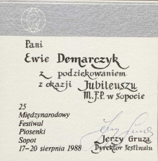 Podziękowanie p. Ewie Demarczyk z okazji Jubileuszu Międzynarodowego Festiwalu Piosenki w Sopocie
